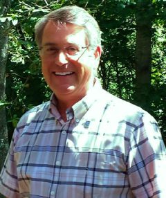 A man in plaid shirt standing next to trees.